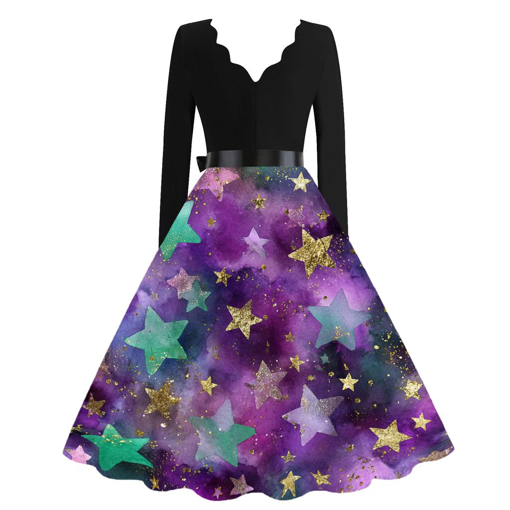 Dámské ležérní módní šaty s výstřihem do V a vintage potiskem karnevalu