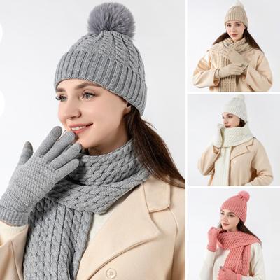 3 Pcs/Set Unisex Winter Hat Scarf Gloves Set Thick Knitted Ear Protection Cap Gloves Stretchy