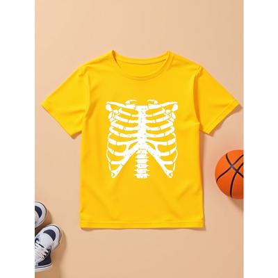 European Sizes Boys' Halloween Skull Print T-Shirt - , Round Neck, Stretchy & Comfortable, Summer Casual Wear with Fun Full-Body Skeleton Design,
