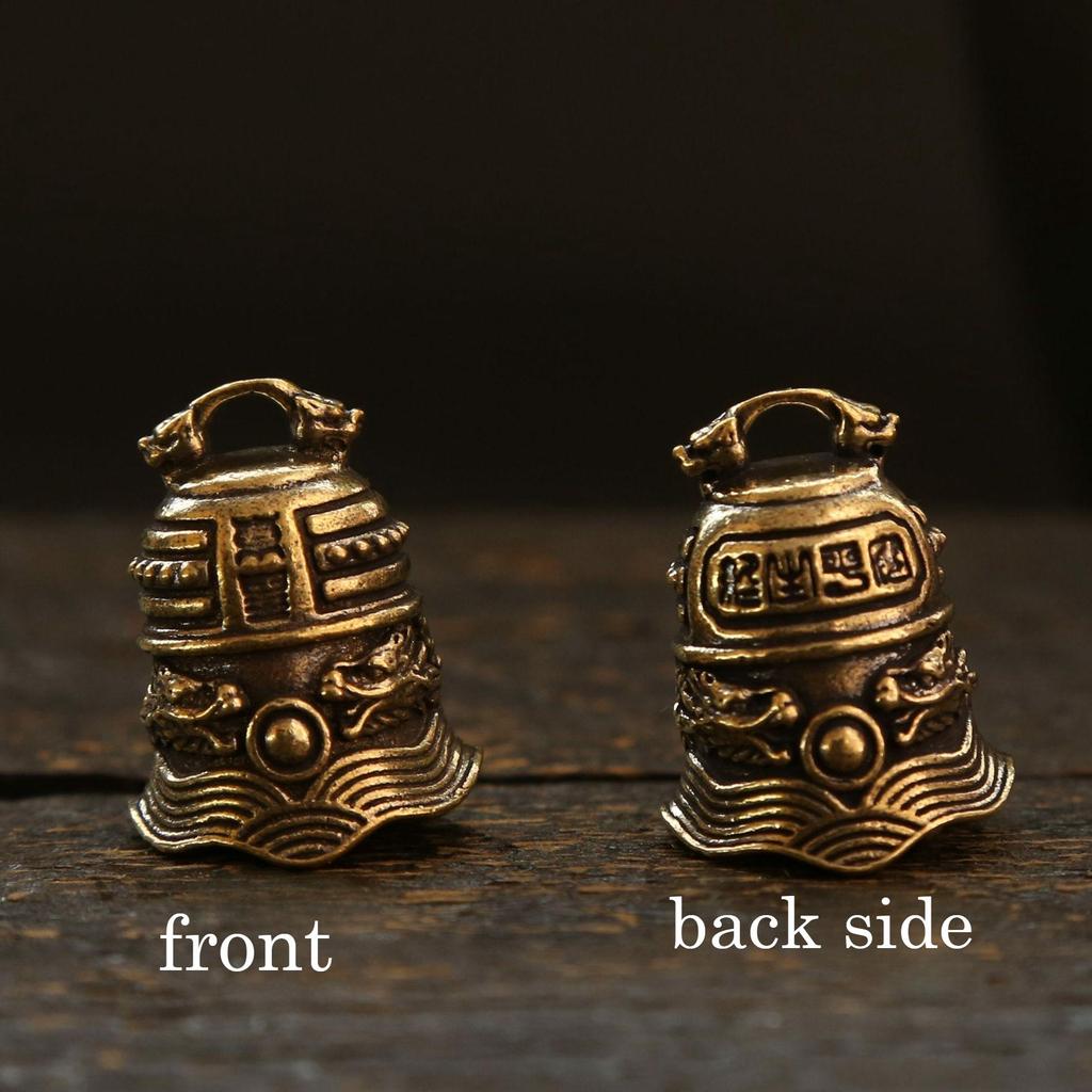 Brass Double Dragon Bell, Retro, Vintage, Car Key Bag Pendant, Handmade Rope, Craftsmanship, Five Emperor Money Accessory
