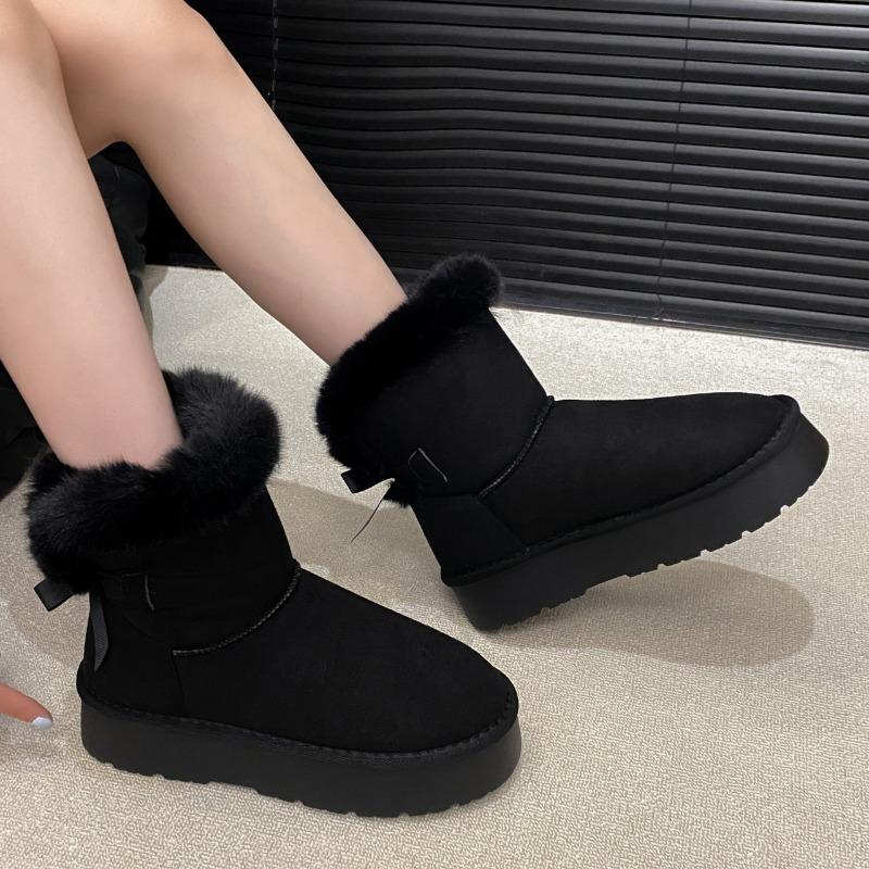 Winter New Cotton Boots Women's Round Toe Suede Plush Bow Platform Snow Boots