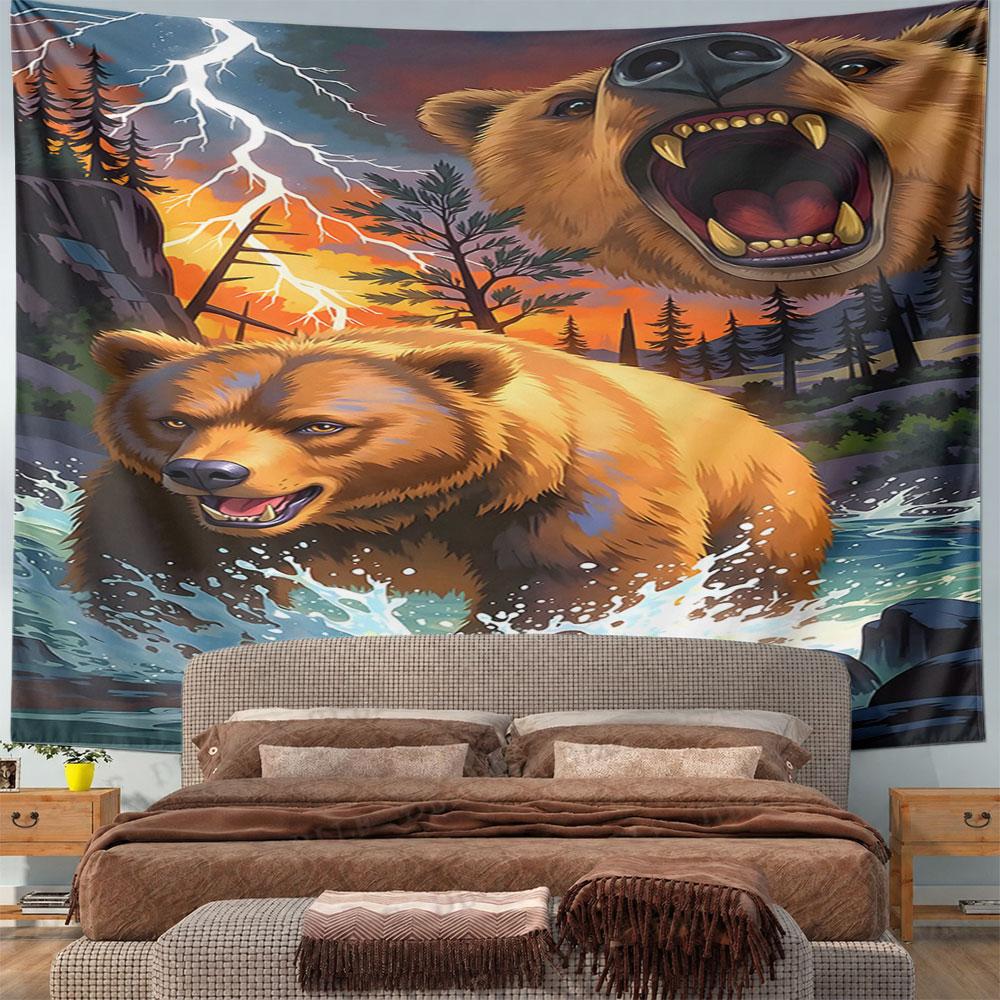 "Roaring Bear in Fierce Wild Nature Scene" Pattern Wall Hanging Tapestry Decorative Tapestry Home Decor for Bedroom and Living Room