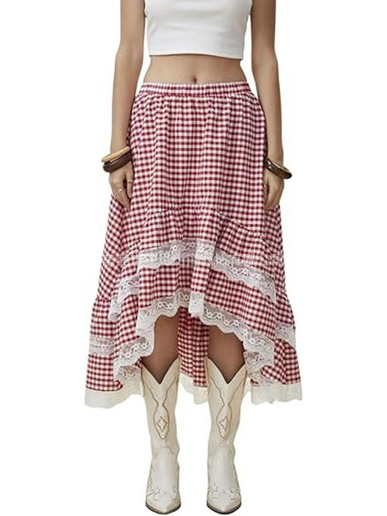 2026 Bohemian Style Printed Waist-Cinched Retro Short Skirt with Elegant Long Lace Design