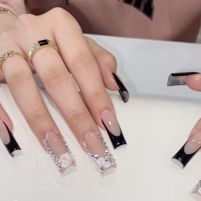 Noste Dlouhý Francouzský Ručně Dělaný Manikúrní Kousek Kamínkový Postupný Přechod Odnímatelná Nálepka na Nehty