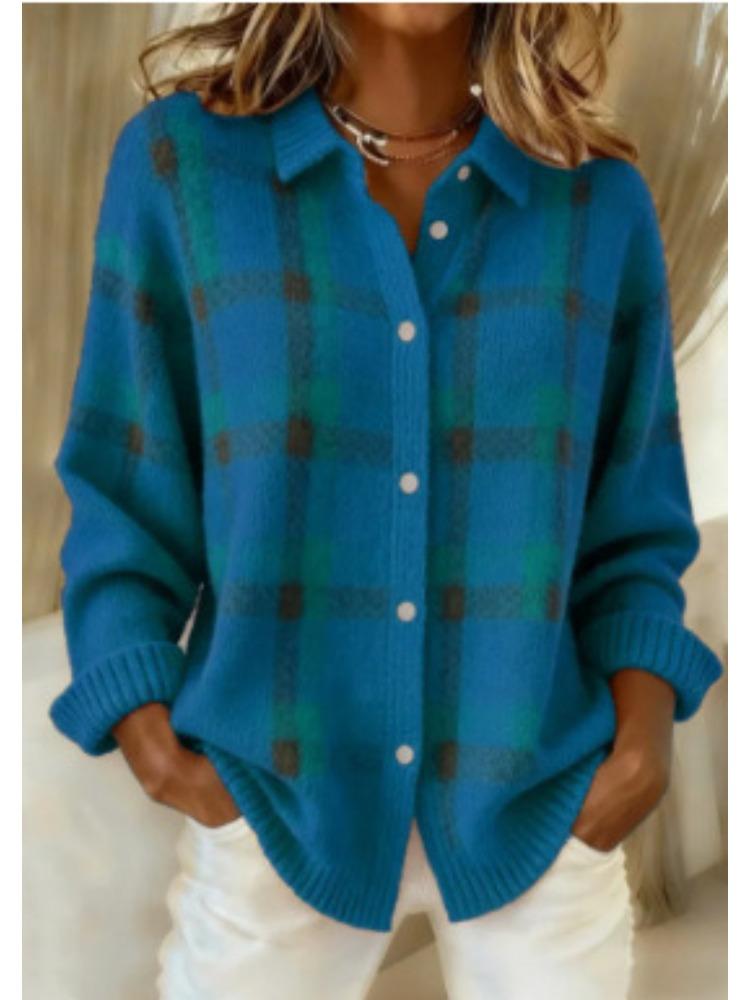 Blue and Orange Checkered Cardigan with Button Front and Ribbed Hem