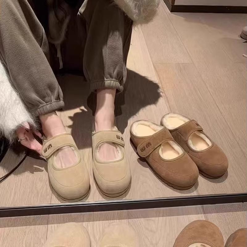 Grape Mother of the Same Style, Cute Velcro Warm Half Drag Ugly Cute Wool Mary Jane Mao Mao Single Shoes Autumn and Winter