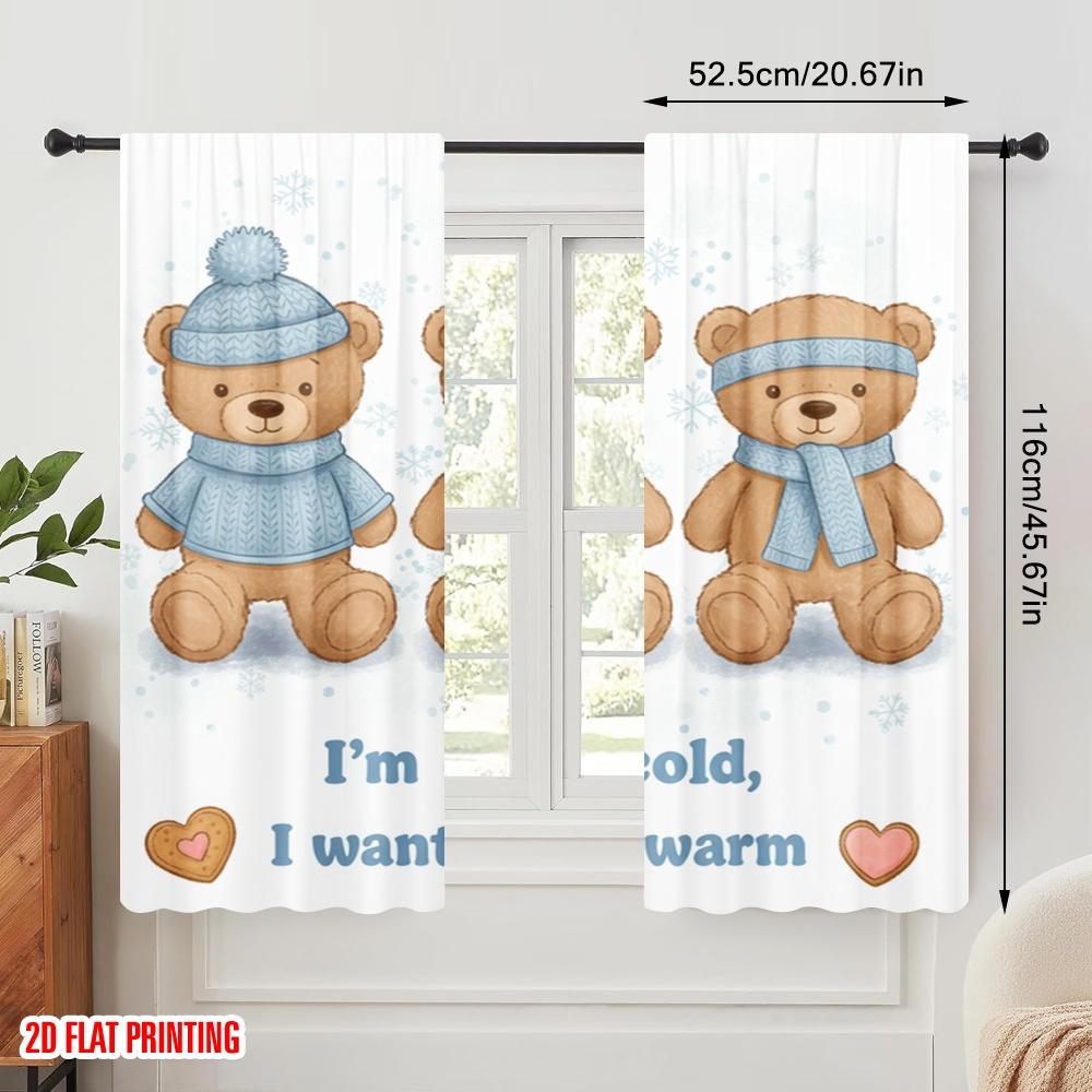2pcs 2D flat printing Curtains Winter Teddy Bears Cozy Warm Polyester Without Electricity Festive Holiday Perfect for room decor
