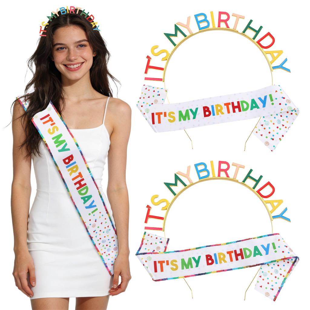 2026 Birthday Party Headband Shoulder Strap Set IT'S MY BIRTHDAY Colored Letter Edge Sequins Shoulder Strap