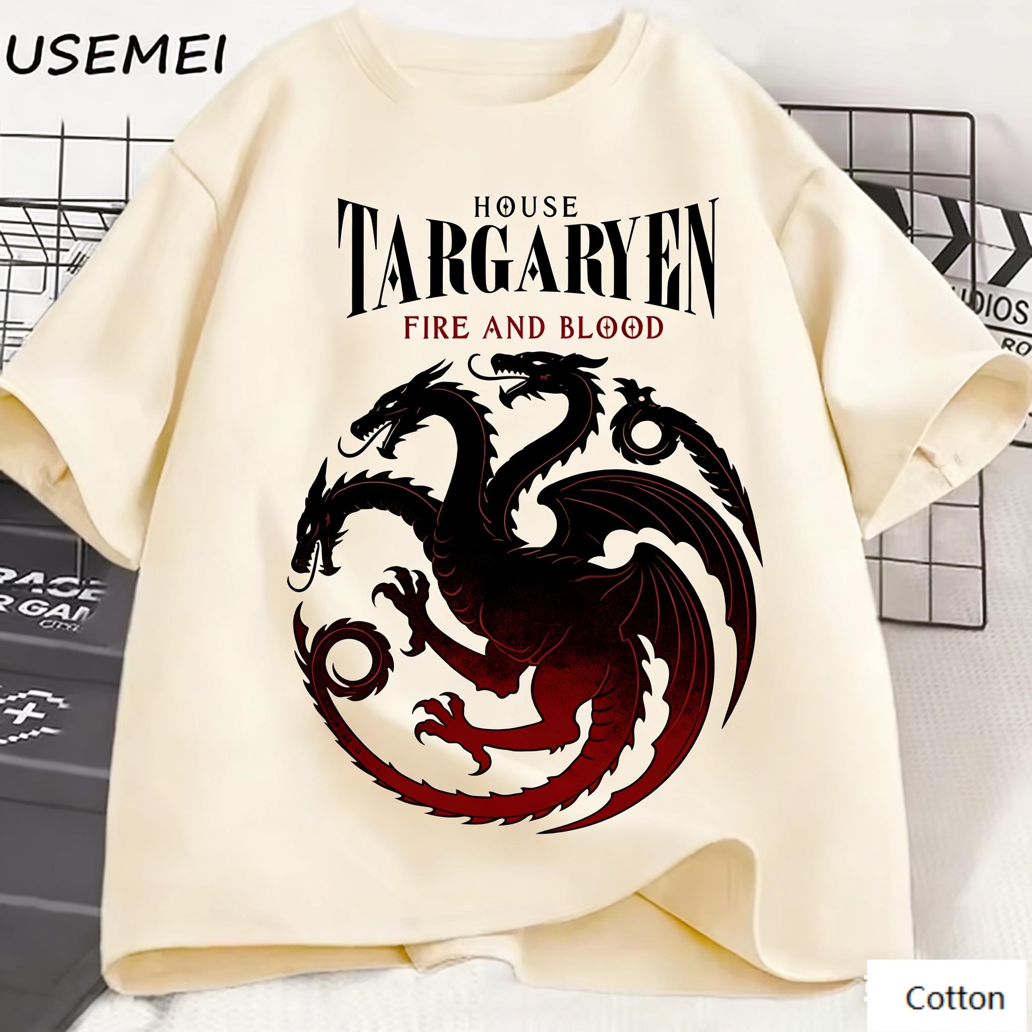 Vintage Fantasy Unisex Cotton TShirt with Retro House Targaryen Art and ThreeHeaded Dragon Print Retro Streetwear Tee M