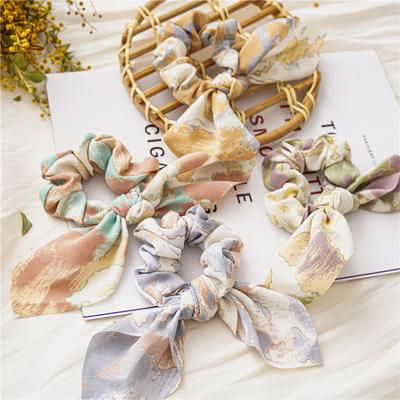 Vintage Print Ribbon Scrunchies Long Tail Hair Tie Elegant Hair Accessory for Women Vacation Style