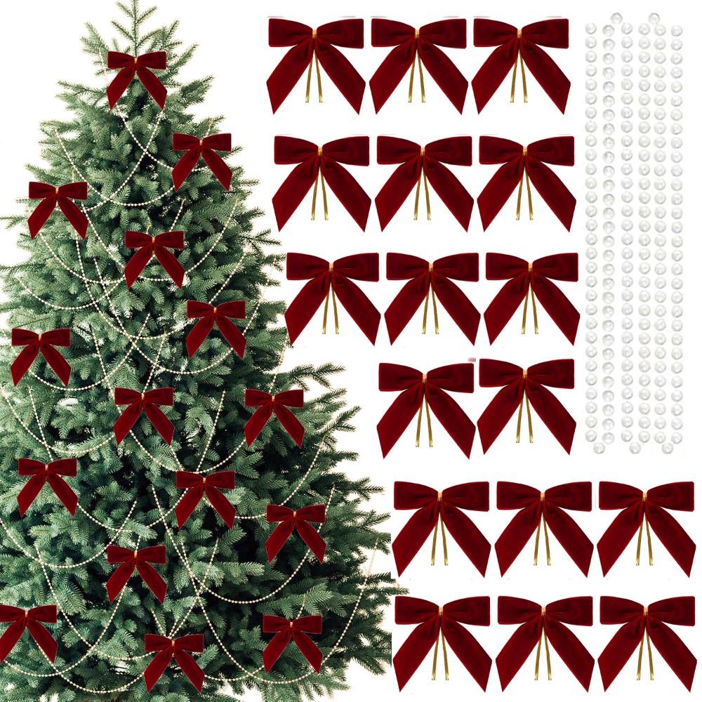 24PCS Vintage Christmas Tree Bows Velvet Handmade Wreath Bows Decoration with Pearl Chain DIY Christmas Tree Topper Ornaments