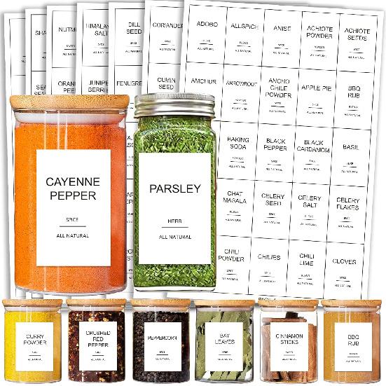 191 Spice Jar Labels Preprinted Minimalist Stickers - White Waterproof Label - Fit Round or Rectangle Spice Jars - Herb Seasoning Kitchen Pantry