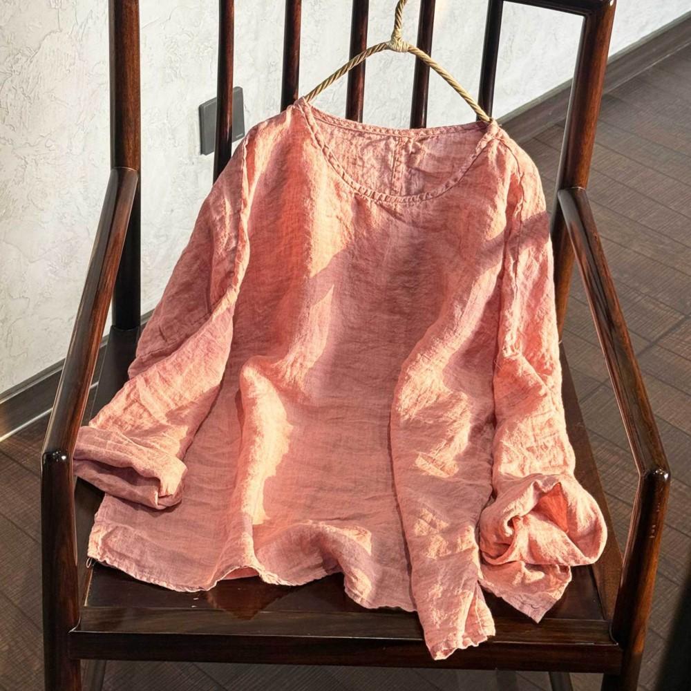 Johnature Women T-Shirts Vintage Spring Chinese Style Solid Color Long Sleeve O-Neck Loose Female T-Shirts