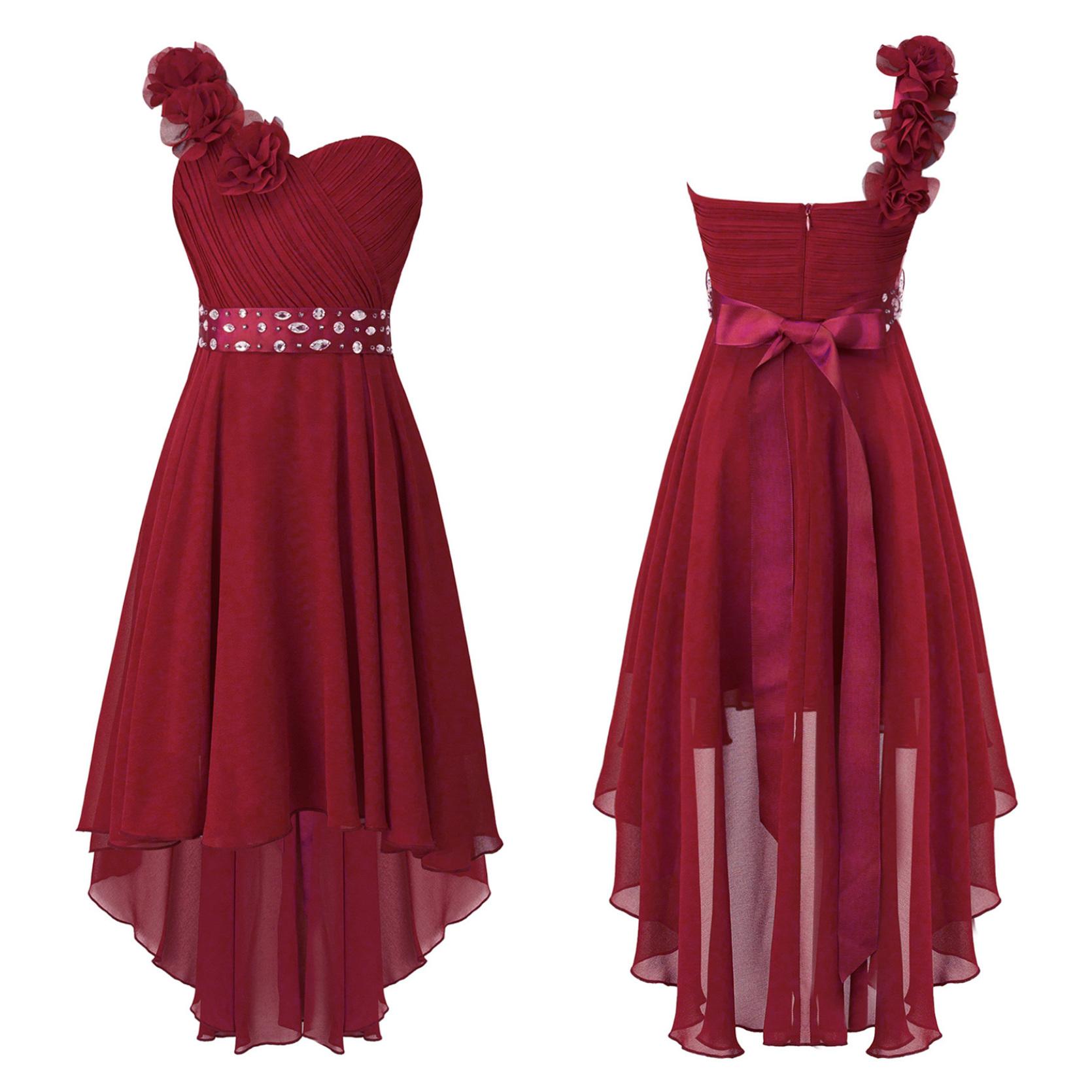 

Детское свадебное платье подружки невесты без рукавов с цветочным узором для девочек, шифоновое бальное платье с асимметричным подолом для дня рождения, выпускного вечера 15-16 Years бордовый