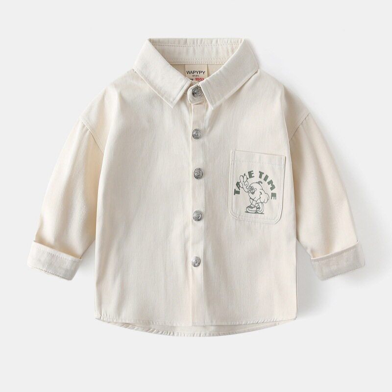 Boys  Long-Sleeved Shirt Spring and Autumn Kids Polo Collar Solid Color Shirt Baby Letter Cardigan Long Sleeve Casual Clothes Apricot color 120