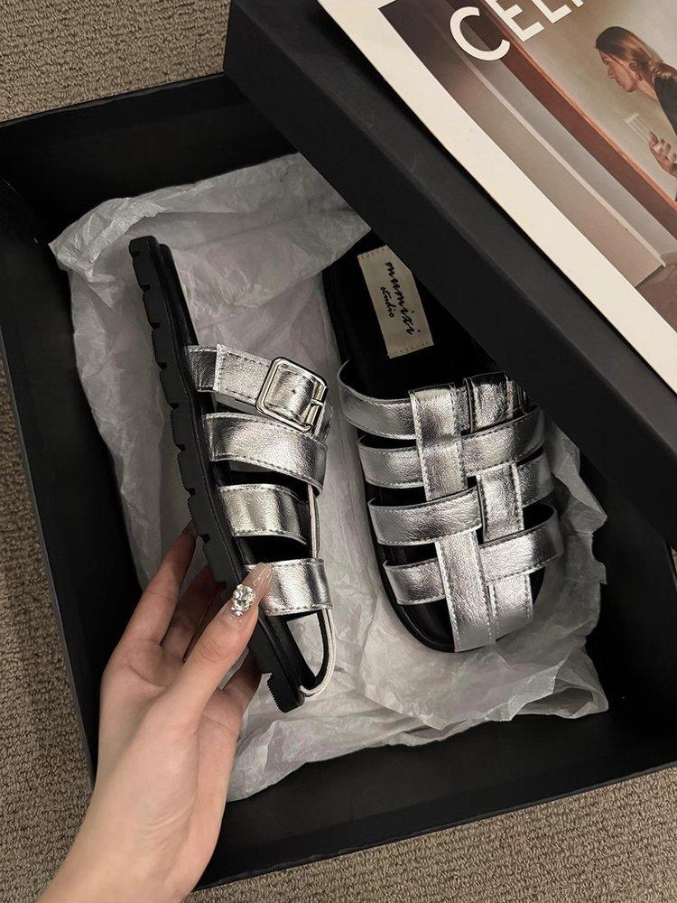 Office Slippers, Women Wear A Slip-on Summer 2024 New Baotou Black, Silver Woven Semi-drag Casual Sandals, Women's Shoes