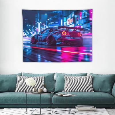 Tapisserie de Voiture pour Hommes Adolescents Garçons Tapisseries Voiture de Sport Néon Ville Nuit Accrochage Mural Décoration Esthétique pour Chambre à Coucher Salon