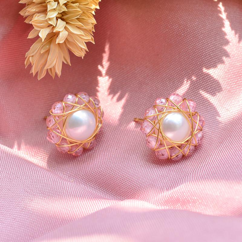 Горячая Распродажа Модные 100% Натуральный Пресноводный Жемчуг и Клубничный Кварц 14K Золотое Покрытие Женские Серьги-Гвоздики Для Женщин Подарки