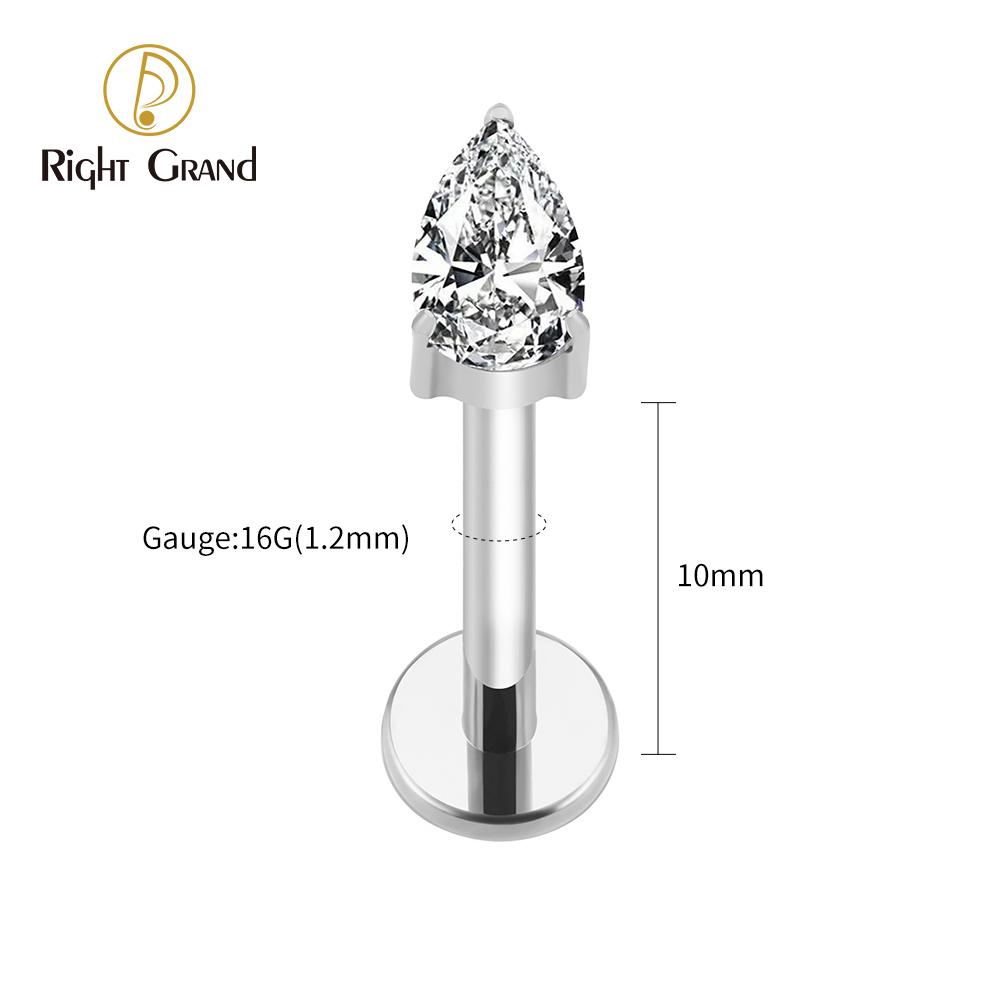 Titanio G23 ASTM F136 Lágrima Gota de Agua CZ Rosca Interna Stud para Labret Tragus Monroe Cartílago Hélice Piercing de Oreja