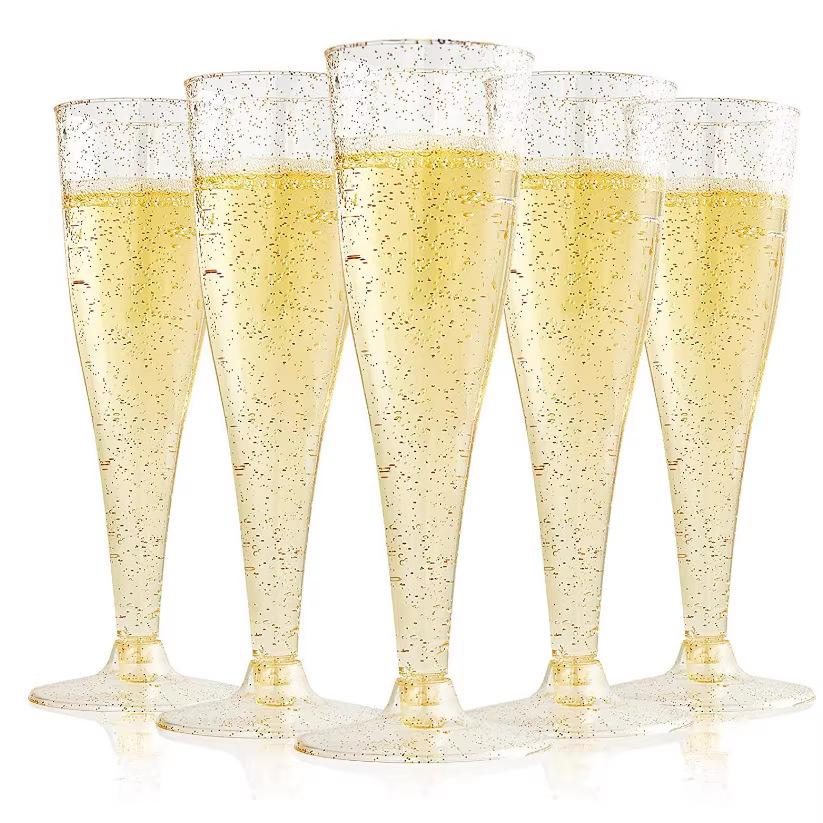 

4.5oz Gold Powder High-Stemmed Disposable Wine Glass - Transparent Plastic Champagne & Red Wine Cup