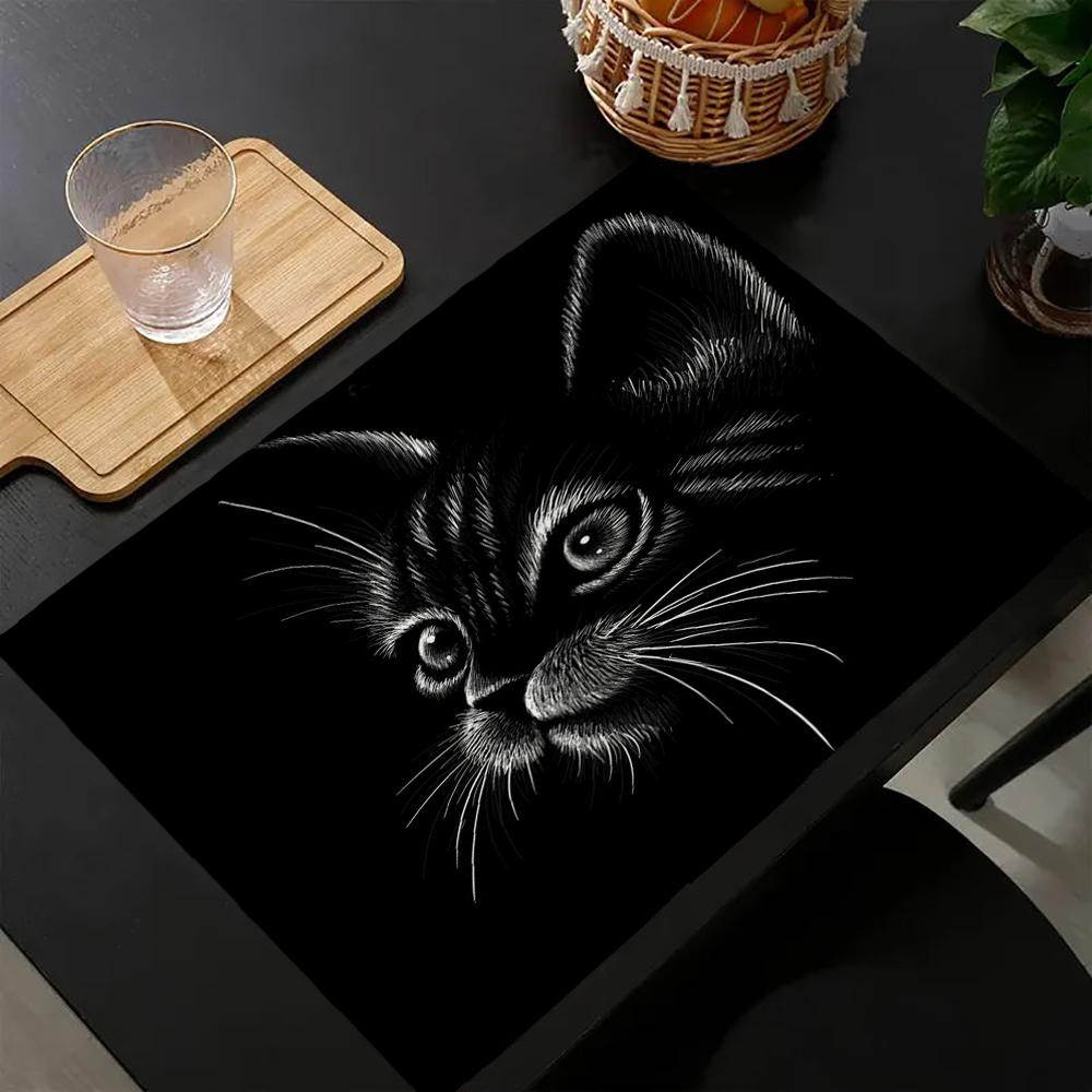 Cute Animal Cat Print Linen Dining Table Mats Kitchen Placemat 30X40cm Coasters Pads Bowl Cup Mat