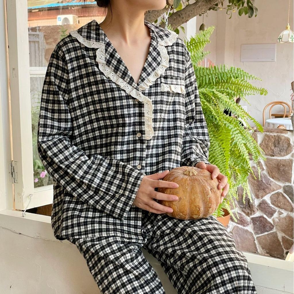 Korean ins style cotton polished couple plaid pajamas set loungewear 1011 new plaid