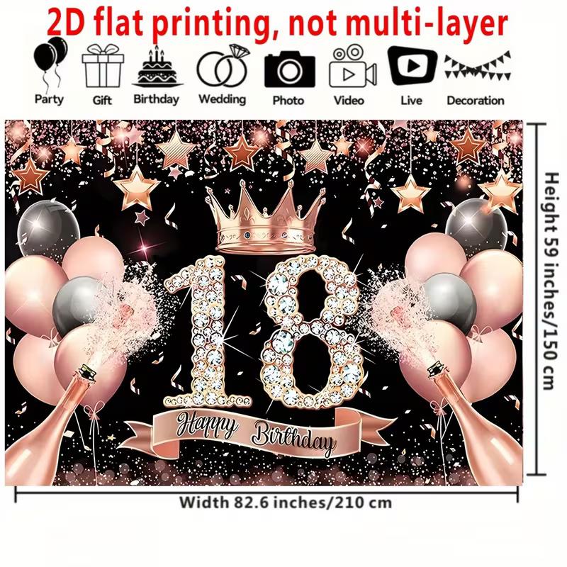 2D 18th Birthday Backdrop with Champagne, Balloons & Confetti for Teens