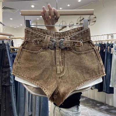 Shorts Vaqueros Lavados Marrones de Cintura Alta para Mujer, Pantalones Cortos Casuales Calientes con Doble Cinturón de Cuero