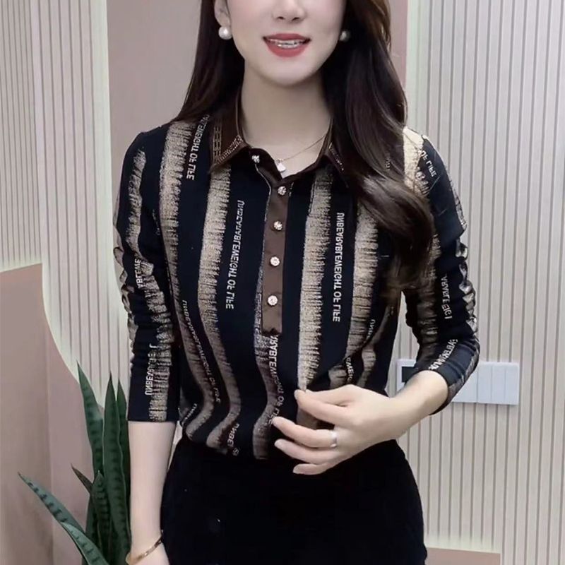 Commute Stylish Bronzing Striped Shirt Letter Spring Autumn Casual Turn-down Collar Button Women's Clothing Chic Diamonds Blouse