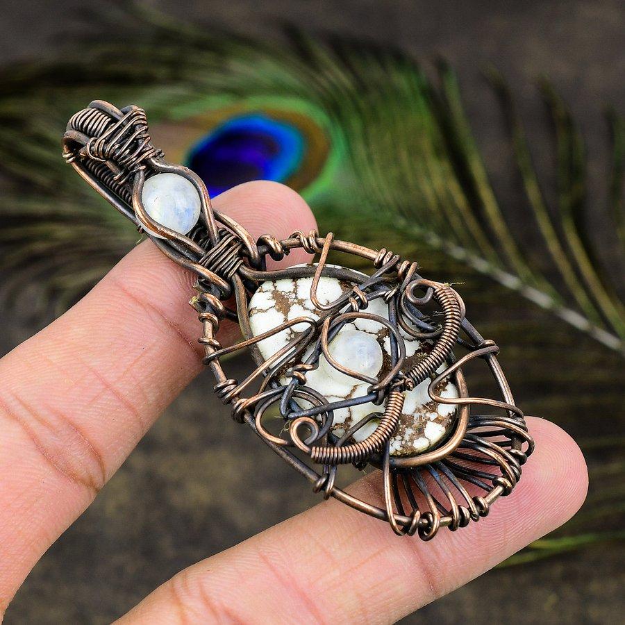 Natural Wild Horse, Moonstone Gemstone Copper Wire Wrap Pendant 2.96" t1W67