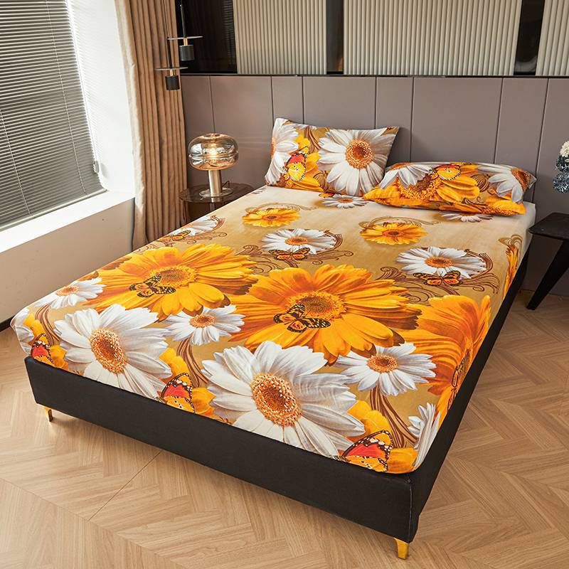 3pcs Golden Sunflower + Butterfly Print Fitted Sheet Set Perfect Fit for Bedroom or Guest Room Use, Bedspread Cover, Mattress Protector, Bedding Set