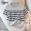 Women's Round Neck Linen Blend Striped Knit Top
