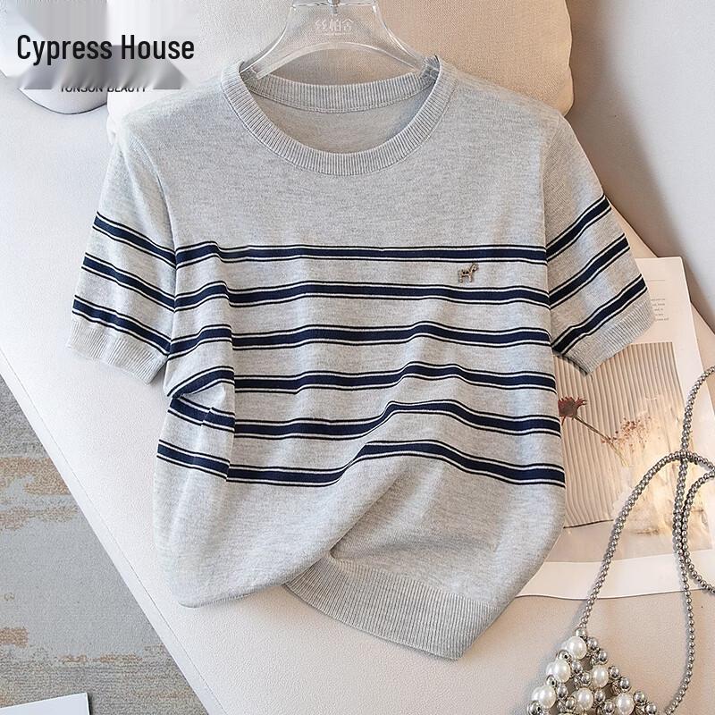 Women s Round Neck Linen Blend Striped Knit Top One Size
