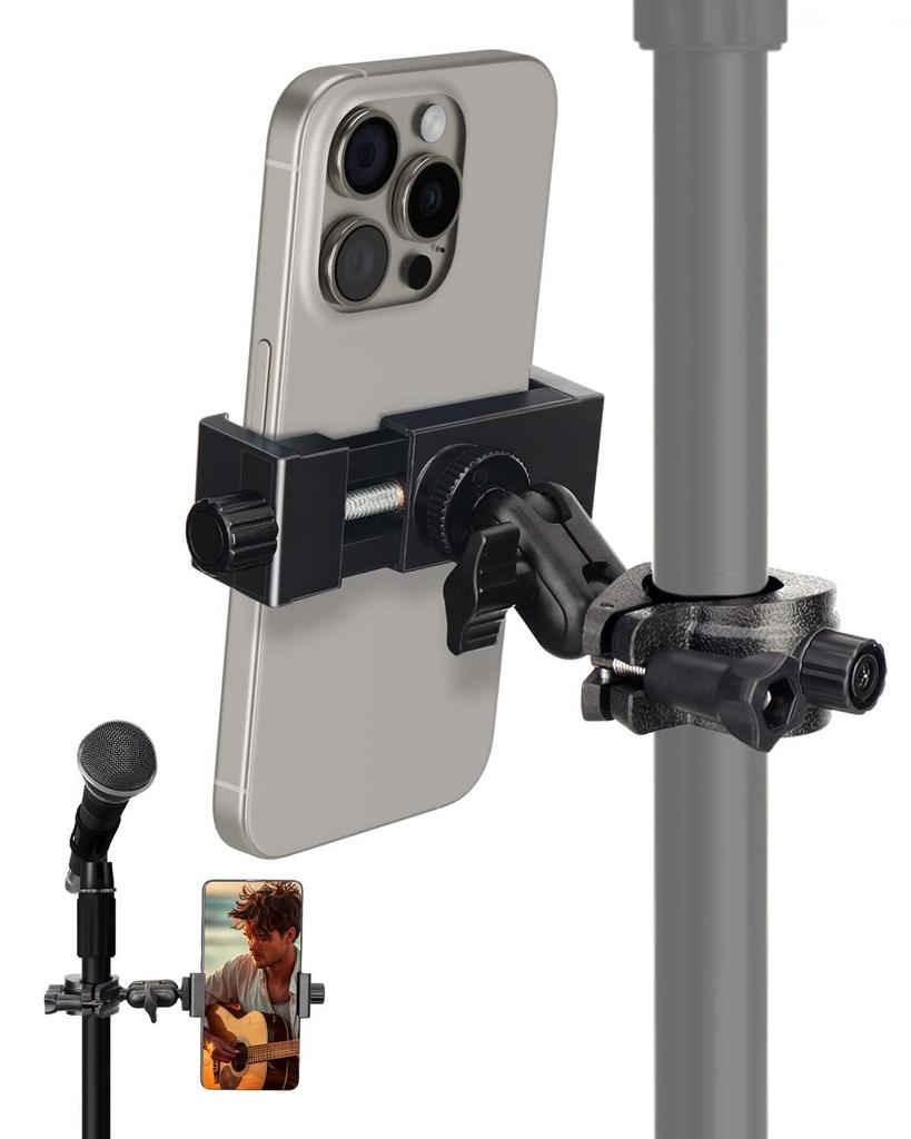 ROTKUEIEE Smartphone Holder for Microphone Stands, Music Phone Stand with 360-Degree Rotation, Adjustable Angle, Anti-Slip, Easy Installation,