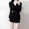 Royal Sister Style Black V-Neck Slim-fit Short Dress for Autumn/Winter