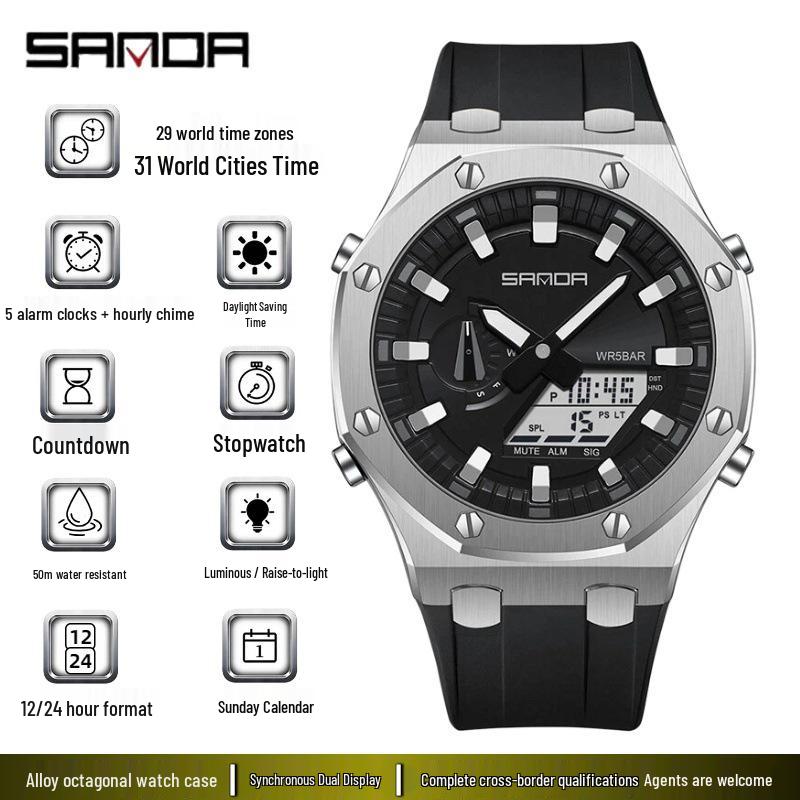 Sanda Octagonal Multifunctional Luminous Waterproof Men's Watch