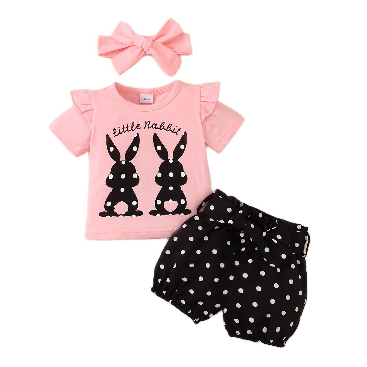 0-18 Months Toddler Baby Girl 3PCS Set Rabbit Print T-shirt+Polka Dots Shorts+Headwear Fashion Lovely Infant Baby Girl Outfit 0-3M чёрный/розовый