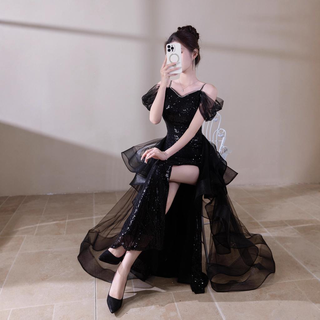 Black evening dress 1011 new banquet host sequined fishtail skirt light luxury niche bar mitzvah catwalk dress