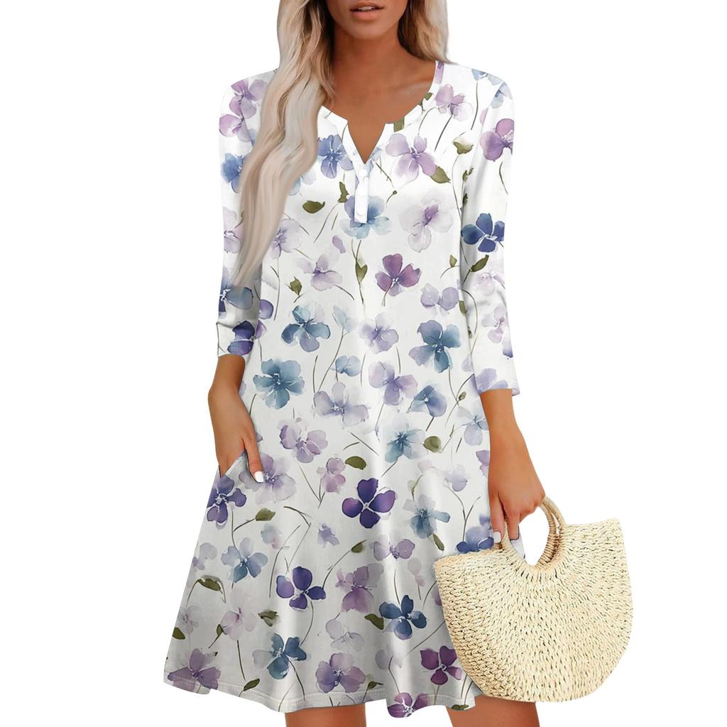 Abito Floreale da Donna alla Moda con Scollo a V, Bottoni, Maniche a Sette Quarti, Tasca