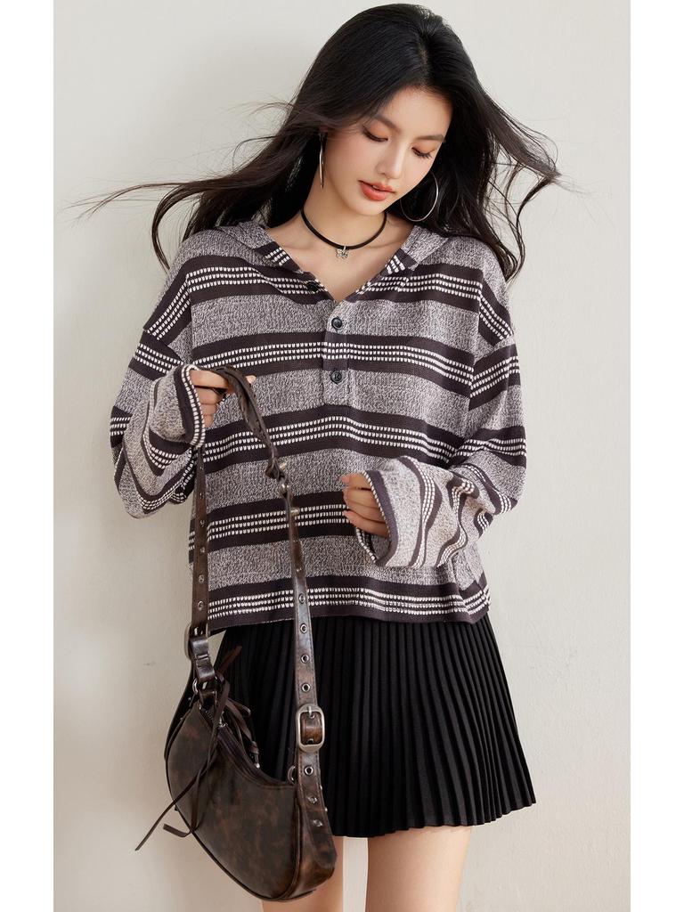 Women's 2025 Striped Hooded Loose Knitwear - Spring & Autumn Petite Top