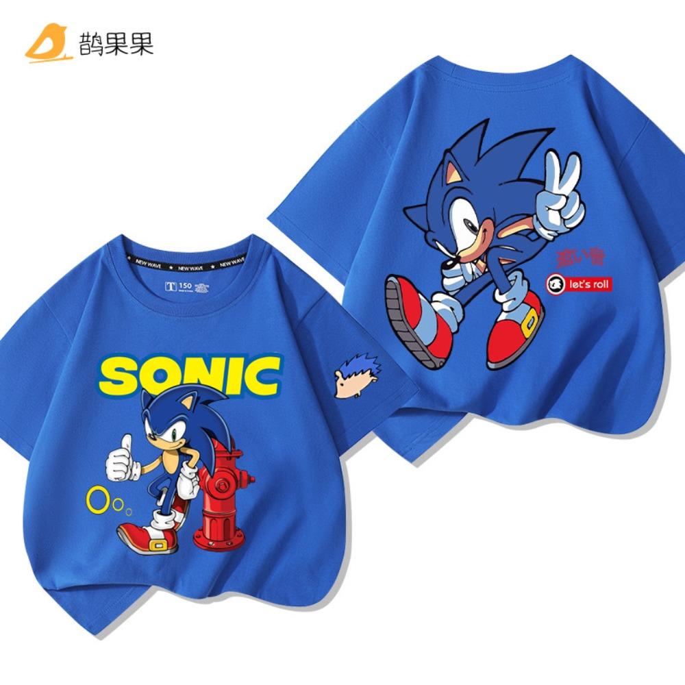 

Children s cartoon hedgehog Sonic printed outdoor boys and girls comfortable loose short-sleeved summer shirt 110