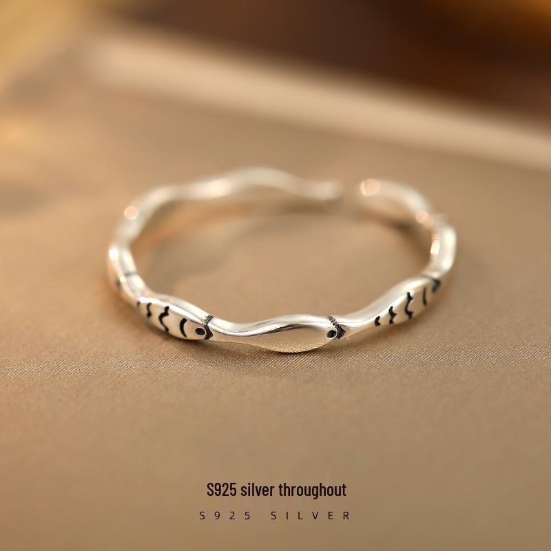 Retro 925 Sterling Silver Fish Open Ring - Aged Finish Index Finger Ring for Women's Versatile Stacking Collection