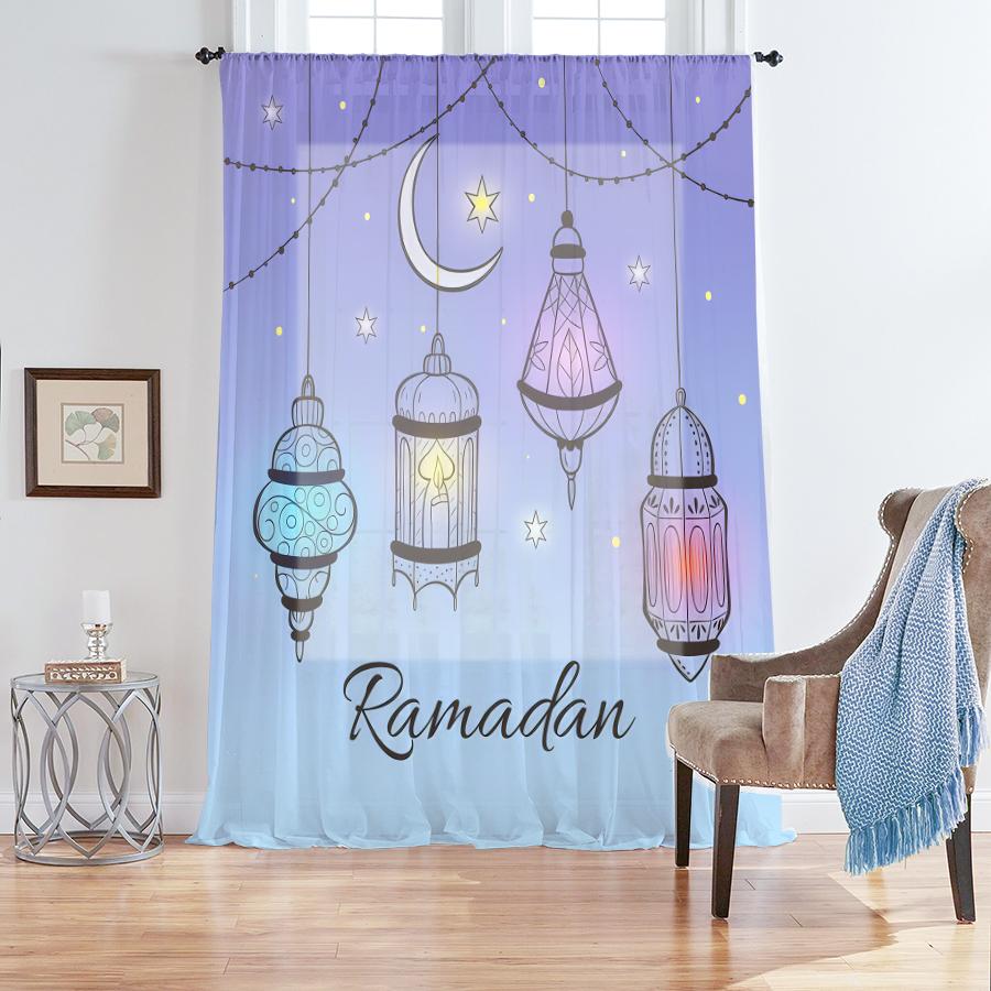 

1PCS gradient purple blue background gauze curtain Ramadan festival style living room and bedroom translucent gauze curtain 100*130 Grommet Top 1pcs