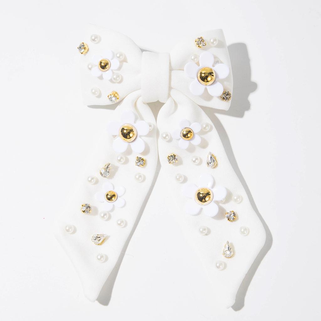 Sweet Pastoral Style Bows With Tiny Flower Appliques Colorful Bead Decorations Long Ribbon For Princess Fairy Hair Styling