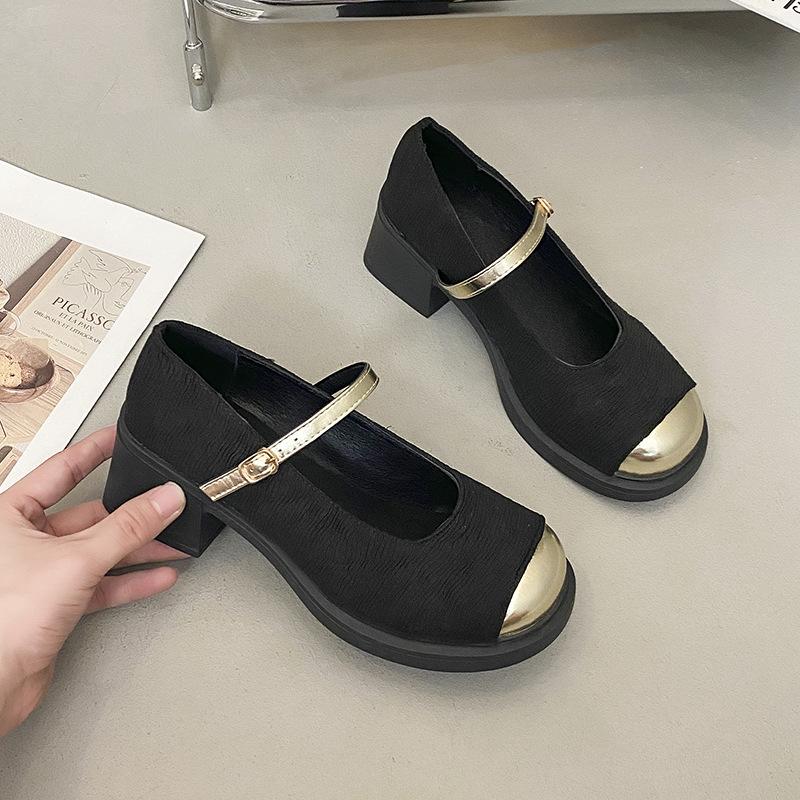 College style thick heel color matching one-word strap single shoes 2025 spring and autumn new high-value fashion versatile Mary Jane shoes