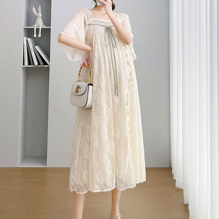 Maternity Chiffon Embroidered Qipao Dress - Summer Style, Plus Size, Loose Fit