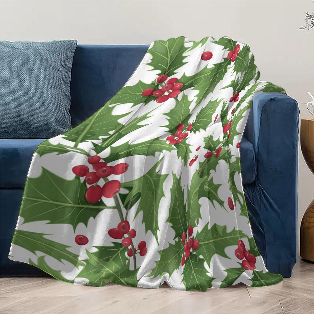 TU Festive Holly Berry Throw Blanket Cozy Christmas Decor Holiday Home Accent Warm Soft Plush Bedspread Couch Cover Gift