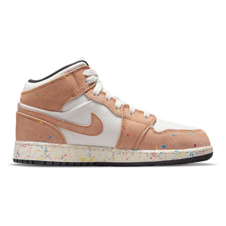 Air Jordan 1 Mid SE GS Brushstroke Paint Splatter Kids Sneakers White Sail Cider DA8006-100