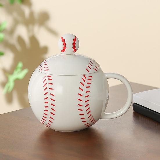Tasse à café en forme de baseball avec couvercle Poignée en forme de C Tasse en céramique 420 ml Tasse à boire de l'eau pour café thé boissons Utilisation à la maison cuisine extérieur