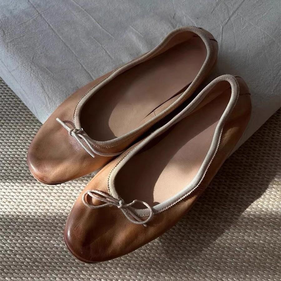 Bow pleated soft leather ballet shoes women's summer new round head flat leather shoes